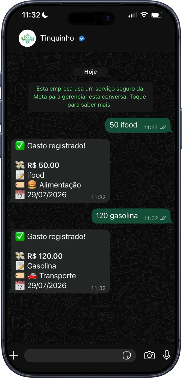 Confirmação do gasto já categorizado pelo Tinquinho