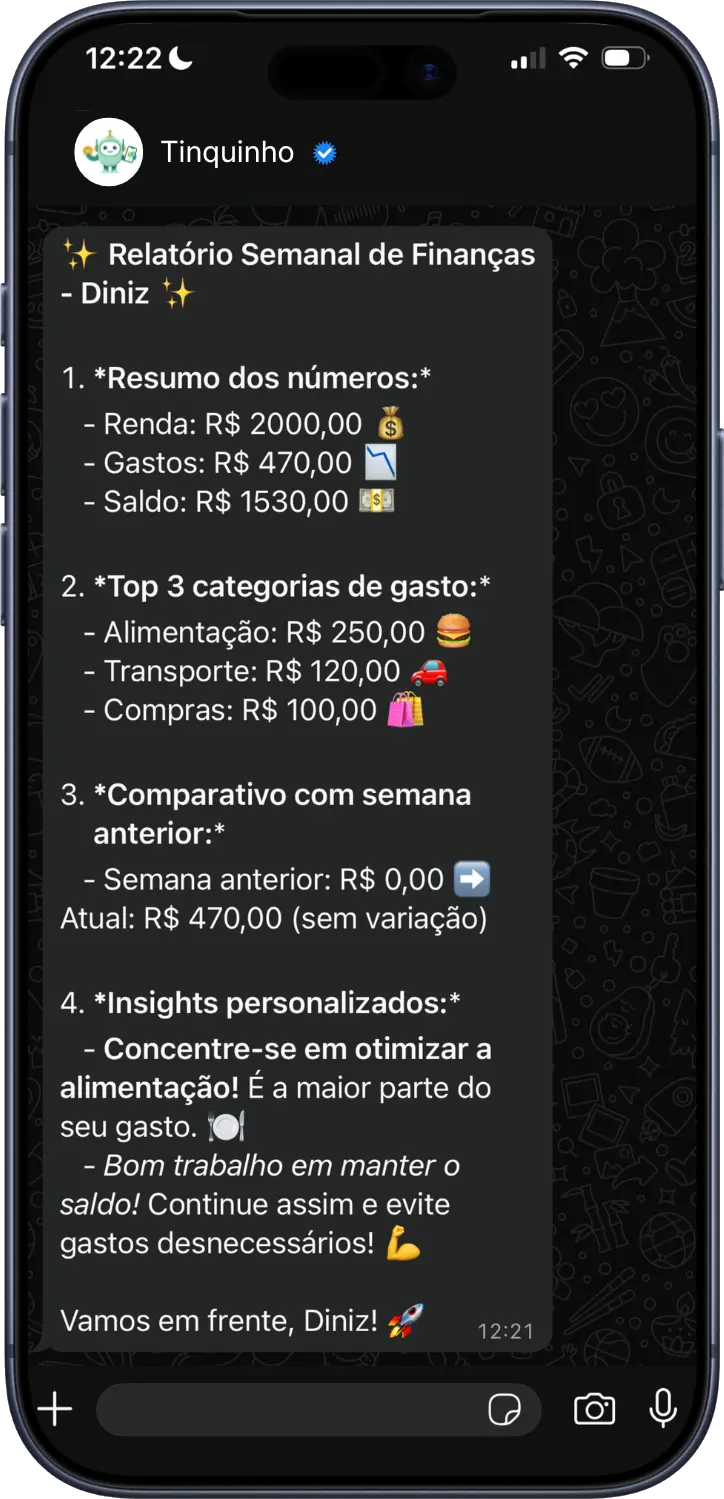 Relatório de gastos gerado pela IA do Tinquinho no WhatsApp